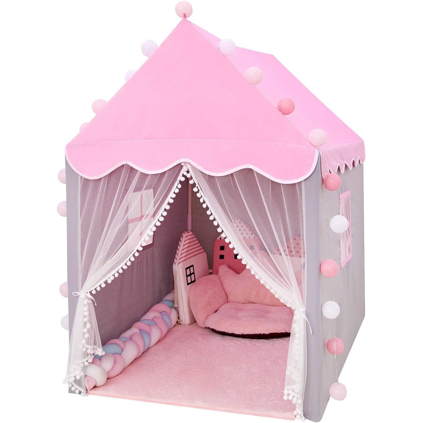 Cort de joaca model casuta pentru copii cu lumini, Zola®, ferestre, gri cu roz, 130 x 100 x 115 cm Cort de joaca model casuta pentru copii cu lumini, Zola®, ferestre, gri cu roz, 130 x 100 x 115 cm